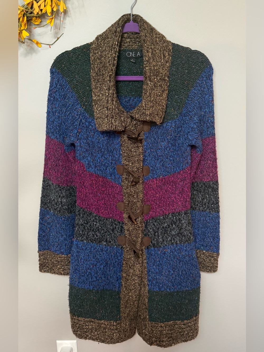 EUC ONE A Multicolor Striped Shawl Collar Toggle Cardigan Size Large
